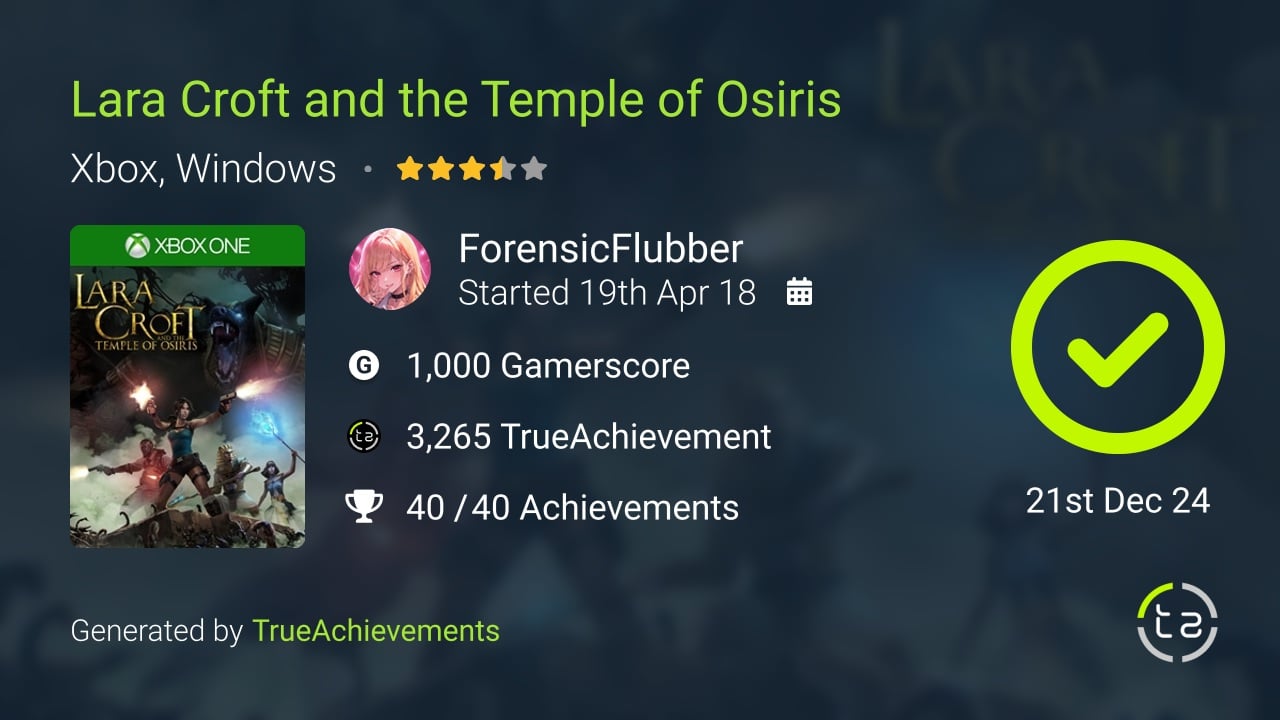 Lara Croft and the Temple of Osiris achievement summary